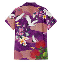 Hawaiian and Japanese Culture Together Family Matching Off The Shoulder Long Sleeve Dress and Hawaiian Shirt Purple Ohia Lehua Plumeria and Sakura Blooming LT03 - Polynesian Pride