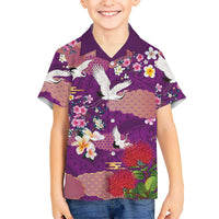 Hawaiian and Japanese Culture Together Family Matching Off The Shoulder Long Sleeve Dress and Hawaiian Shirt Purple Ohia Lehua Plumeria and Sakura Blooming LT03 Son's Shirt Purple - Polynesian Pride