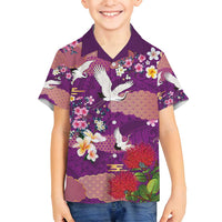 Hawaiian and Japanese Culture Together Family Matching Off Shoulder Maxi Dress and Hawaiian Shirt Purple Ohia Lehua Plumeria and Sakura Blooming - Polynesian Pride