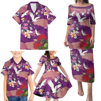 Hawaiian and Japanese Culture Together Family Matching Puletasi and Hawaiian Shirt Purple Ohia Lehua Plumeria and Sakura Blooming - Polynesian Pride