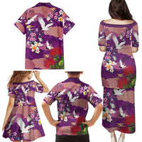 Hawaiian and Japanese Culture Together Family Matching Puletasi and Hawaiian Shirt Purple Ohia Lehua Plumeria and Sakura Blooming - Polynesian Pride