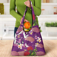 Hawaiian and Japanese Culture Together Grocery Bag Purple Ohia Lehua Plumeria and Sakura Blooming - Polynesian Pride