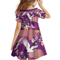 Hawaiian and Japanese Culture Together Kid Short Sleeve Dress Purple Ohia Lehua Plumeria and Sakura Blooming - Polynesian Pride
