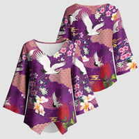 Hawaiian and Japanese Culture Together Kimono Sleeve Blouse Purple Ohia Lehua Plumeria and Sakura Blooming - Polynesian Pride