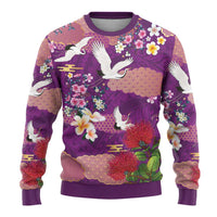 Hawaiian and Japanese Culture Together Ugly Christmas Sweater Purple Ohia Lehua Plumeria and Sakura Blooming - Polynesian Pride