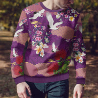 Hawaiian and Japanese Culture Together Ugly Christmas Sweater Purple Ohia Lehua Plumeria and Sakura Blooming - Polynesian Pride