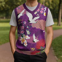 Hawaiian and Japanese Culture Together Christmas Knitted V-Neck Vest Purple Ohia Lehua Plumeria and Sakura Blooming - Polynesian Pride