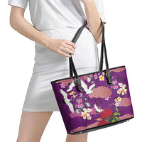 Hawaiian and Japanese Culture Together Leather Tote Bag Purple Ohia Lehua Plumeria and Sakura Blooming - Polynesian Pride