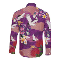 Hawaiian and Japanese Culture Together Long Sleeve Button Shirt Purple Ohia Lehua Plumeria and Sakura Blooming - Polynesian Pride