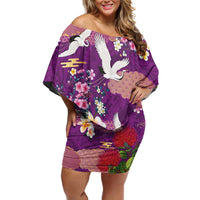 Hawaiian and Japanese Culture Together Off Shoulder Short Dress Purple Ohia Lehua Plumeria and Sakura Blooming - Polynesian Pride
