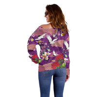 Hawaiian and Japanese Culture Together Off Shoulder Sweater Purple Ohia Lehua Plumeria and Sakura Blooming - Polynesian Pride