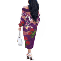 Hawaiian and Japanese Culture Together Off The Shoulder Long Sleeve Dress Purple Ohia Lehua Plumeria and Sakura Blooming - Polynesian Pride