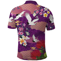 Hawaiian and Japanese Culture Together Polo Shirt Purple Ohia Lehua Plumeria and Sakura Blooming - Polynesian Pride