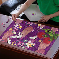 Hawaiian and Japanese Culture Together Puzzle Purple Ohia Lehua Plumeria and Sakura Blooming - Polynesian Pride