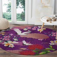Hawaiian and Japanese Culture Together Round Carpet Purple Ohia Lehua Plumeria and Sakura Blooming - Polynesian Pride