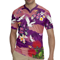 Hawaiian and Japanese Culture Together Rugby Jersey Purple Ohia Lehua Plumeria and Sakura Blooming - Polynesian Pride