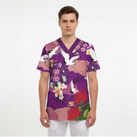 Hawaiian and Japanese Culture Together Scrub Top Purple Ohia Lehua Plumeria and Sakura Blooming - Polynesian Pride
