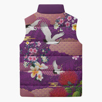 Hawaiian and Japanese Culture Together Sleeveless Puffer Jacket Purple Ohia Lehua Plumeria and Sakura Blooming - Polynesian Pride