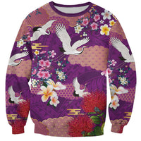 Hawaiian and Japanese Culture Together Sweatshirt Purple Ohia Lehua Plumeria and Sakura Blooming - Polynesian Pride