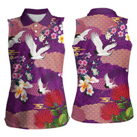 Hawaiian and Japanese Culture Together Women Sleeveless Polo Shirt Purple Ohia Lehua Plumeria and Sakura Blooming - Polynesian Pride