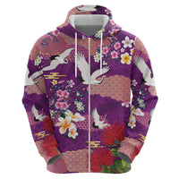 Hawaiian and Japanese Culture Together Zip Hoodie Purple Ohia Lehua Plumeria and Sakura Blooming - Polynesian Pride