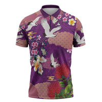 Hawaiian and Japanese Culture Together Zipper Polo Shirt Purple Ohia Lehua Plumeria and Sakura Blooming LT03 Purple - Polynesian Pride