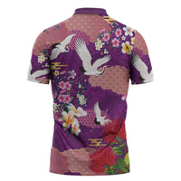 Hawaiian and Japanese Culture Together Zipper Polo Shirt Purple Ohia Lehua Plumeria and Sakura Blooming - Polynesian Pride