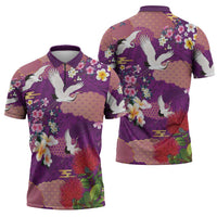 Hawaiian and Japanese Culture Together Zipper Polo Shirt Purple Ohia Lehua Plumeria and Sakura Blooming LT03 - Polynesian Pride