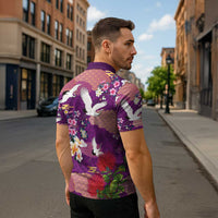 Hawaiian and Japanese Culture Together Zipper Polo Shirt Purple Ohia Lehua Plumeria and Sakura Blooming - Polynesian Pride