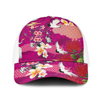 Hawaiian and Japanese Culture Together Baseball Net Cap Pink Ohia Lehua Plumeria and Sakura Blooming LT03 One Size White Pink - Polynesian Pride