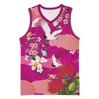 Hawaiian and Japanese Culture Together Basketball Jersey Pink Ohia Lehua Plumeria and Sakura Blooming - Polynesian Pride