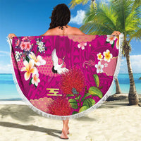 Hawaiian and Japanese Culture Together Beach Blanket Pink Ohia Lehua Plumeria and Sakura Blooming - Polynesian Pride