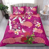 Hawaiian and Japanese Culture Together Bedding Set Pink Ohia Lehua Plumeria and Sakura Blooming - Polynesian Pride