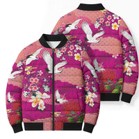 Hawaiian and Japanese Culture Together Bomber Puffer Jacket Pink Ohia Lehua Plumeria and Sakura Blooming - Polynesian Pride