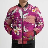 Hawaiian and Japanese Culture Together Bomber Puffer Jacket Pink Ohia Lehua Plumeria and Sakura Blooming - Polynesian Pride