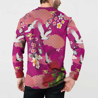 Hawaiian and Japanese Culture Together Button Sweatshirt Pink Ohia Lehua Plumeria and Sakura Blooming - Polynesian Pride