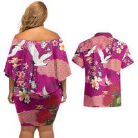 Hawaiian and Japanese Culture Together Couples Matching Off Shoulder Short Dress and Hawaiian Shirt Pink Ohia Lehua Plumeria and Sakura Blooming - Polynesian Pride