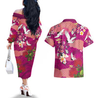 Hawaiian and Japanese Culture Together Couples Matching Off The Shoulder Long Sleeve Dress and Hawaiian Shirt Pink Ohia Lehua Plumeria and Sakura Blooming LT03 - Polynesian Pride