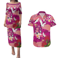 Hawaiian and Japanese Culture Together Couples Matching Puletasi and Hawaiian Shirt Pink Ohia Lehua Plumeria and Sakura Blooming - Polynesian Pride