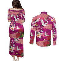 Hawaiian and Japanese Culture Together Couples Matching Puletasi and Long Sleeve Button Shirt Pink Ohia Lehua Plumeria and Sakura Blooming - Polynesian Pride