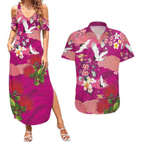 Hawaiian and Japanese Culture Together Couples Matching Summer Maxi Dress and Hawaiian Shirt Pink Ohia Lehua Plumeria and Sakura Blooming LT03 Pink - Polynesian Pride