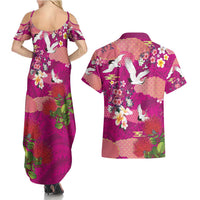 Hawaiian and Japanese Culture Together Couples Matching Summer Maxi Dress and Hawaiian Shirt Pink Ohia Lehua Plumeria and Sakura Blooming LT03 - Polynesian Pride