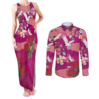 Hawaiian and Japanese Culture Together Couples Matching Tank Maxi Dress and Long Sleeve Button Shirt Pink Ohia Lehua Plumeria and Sakura Blooming - Polynesian Pride
