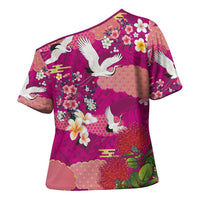 Hawaiian and Japanese Culture Together Cross Shoulder Shirt Pink Ohia Lehua Plumeria and Sakura Blooming - Polynesian Pride