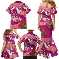 Hawaiian and Japanese Culture Together Family Matching Mermaid Dress and Hawaiian Shirt Pink Ohia Lehua Plumeria and Sakura Blooming LT03 - Polynesian Pride