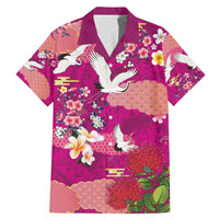 Hawaiian and Japanese Culture Together Family Matching Mermaid Dress and Hawaiian Shirt Pink Ohia Lehua Plumeria and Sakura Blooming LT03 Dad's Shirt - Short Sleeve Pink - Polynesian Pride