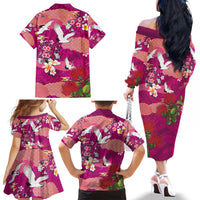 Hawaiian and Japanese Culture Together Family Matching Off The Shoulder Long Sleeve Dress and Hawaiian Shirt Pink Ohia Lehua Plumeria and Sakura Blooming LT03 - Polynesian Pride