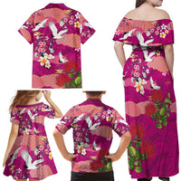 Hawaiian and Japanese Culture Together Family Matching Off Shoulder Maxi Dress and Hawaiian Shirt Pink Ohia Lehua Plumeria and Sakura Blooming - Polynesian Pride
