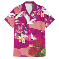 Hawaiian and Japanese Culture Together Family Matching Off Shoulder Maxi Dress and Hawaiian Shirt Pink Ohia Lehua Plumeria and Sakura Blooming LT03 Dad's Shirt - Short Sleeve Pink - Polynesian Pride