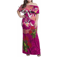 Hawaiian and Japanese Culture Together Family Matching Off Shoulder Maxi Dress and Hawaiian Shirt Pink Ohia Lehua Plumeria and Sakura Blooming - Polynesian Pride